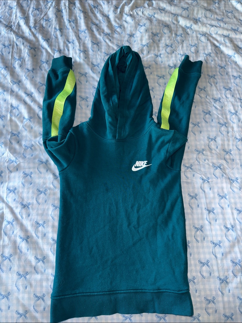 Nike Teal Hoodie with Neon Yellow Sleeve Stripes